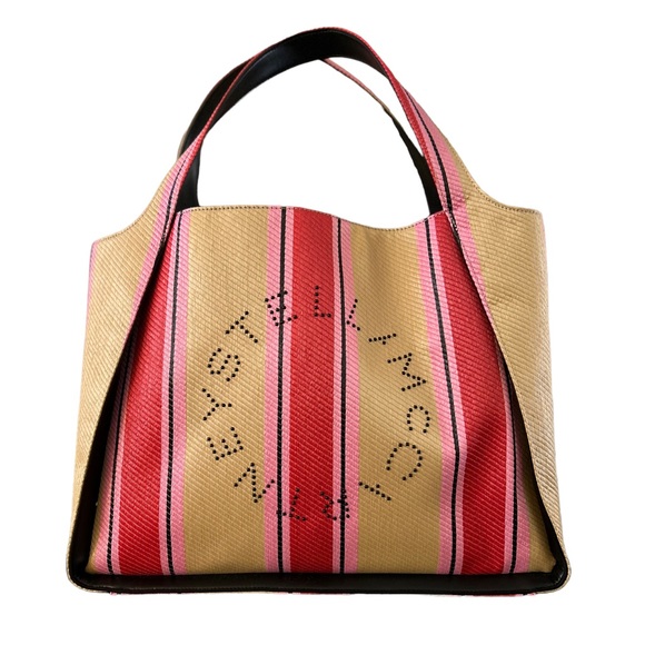 Stella McCartney Handbags - Stella McCartney Stella logo, stripe raffia tote bag with pouch